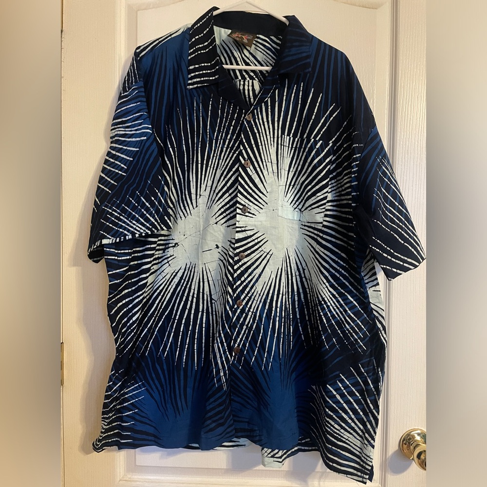 Caribelle‎ Batik Blue White Casual Button Down Shirt XL Casual Resort Camp
